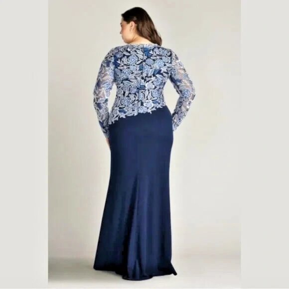 Tadashi Shoji Too Pacific Blue Embroidered Floral Lace Crepe Gown 24Q (3X) NWT - Picture 2 of 6